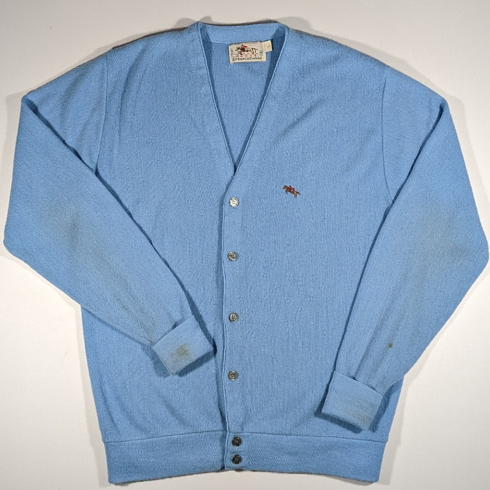 Vintage Steeplechase V Neck Cardigan Sweater Men's Size Large Blue 80s